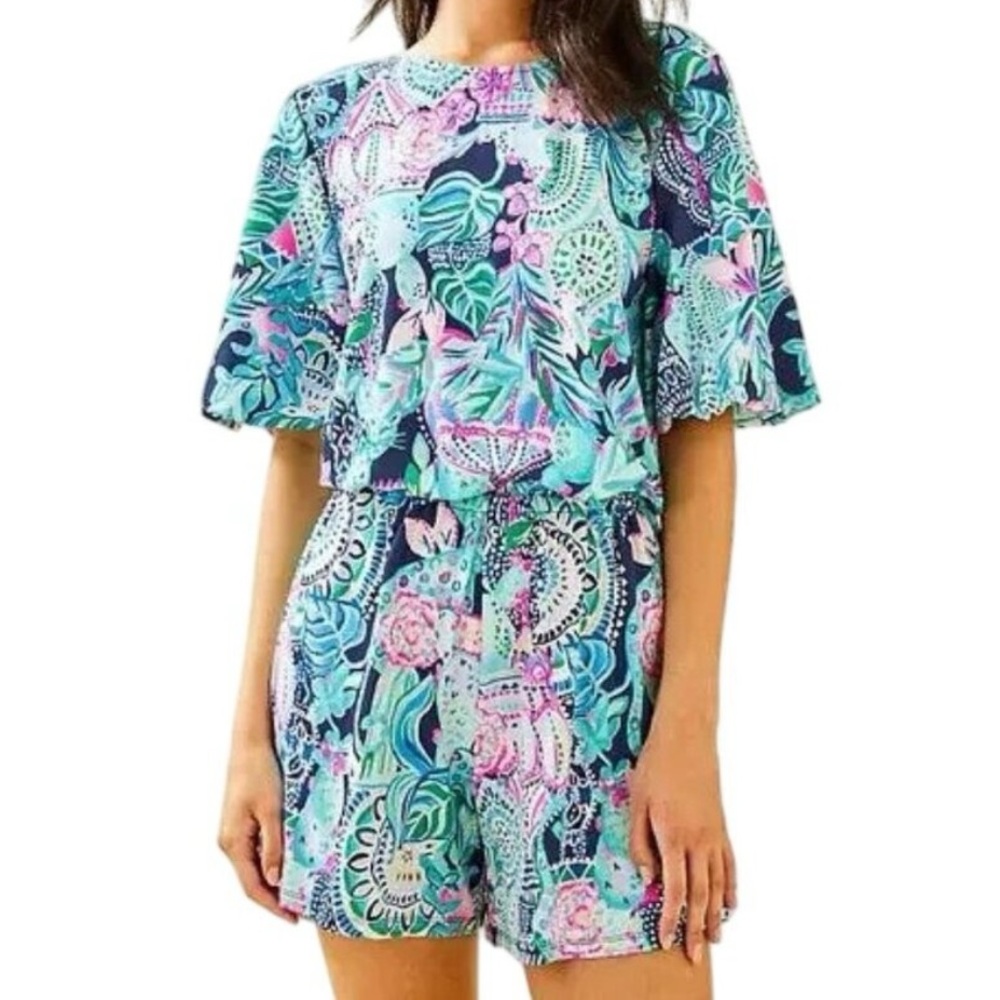Lilly Pulitzer Britton Romper Puff-Sleeve Women's Small Looking Sharp Cactus